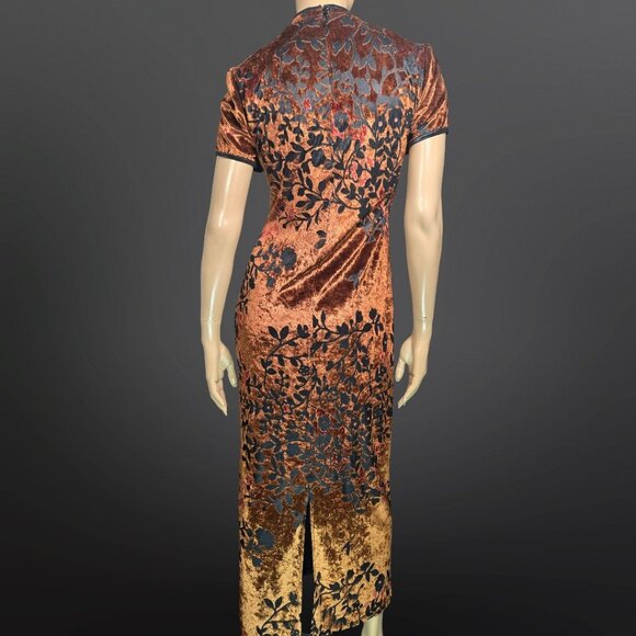 Vintage 90s Brown Floral Velvet Maxi Dress Size 8 Asian Cocktail Gothic Vampy - Picture 9 of 13